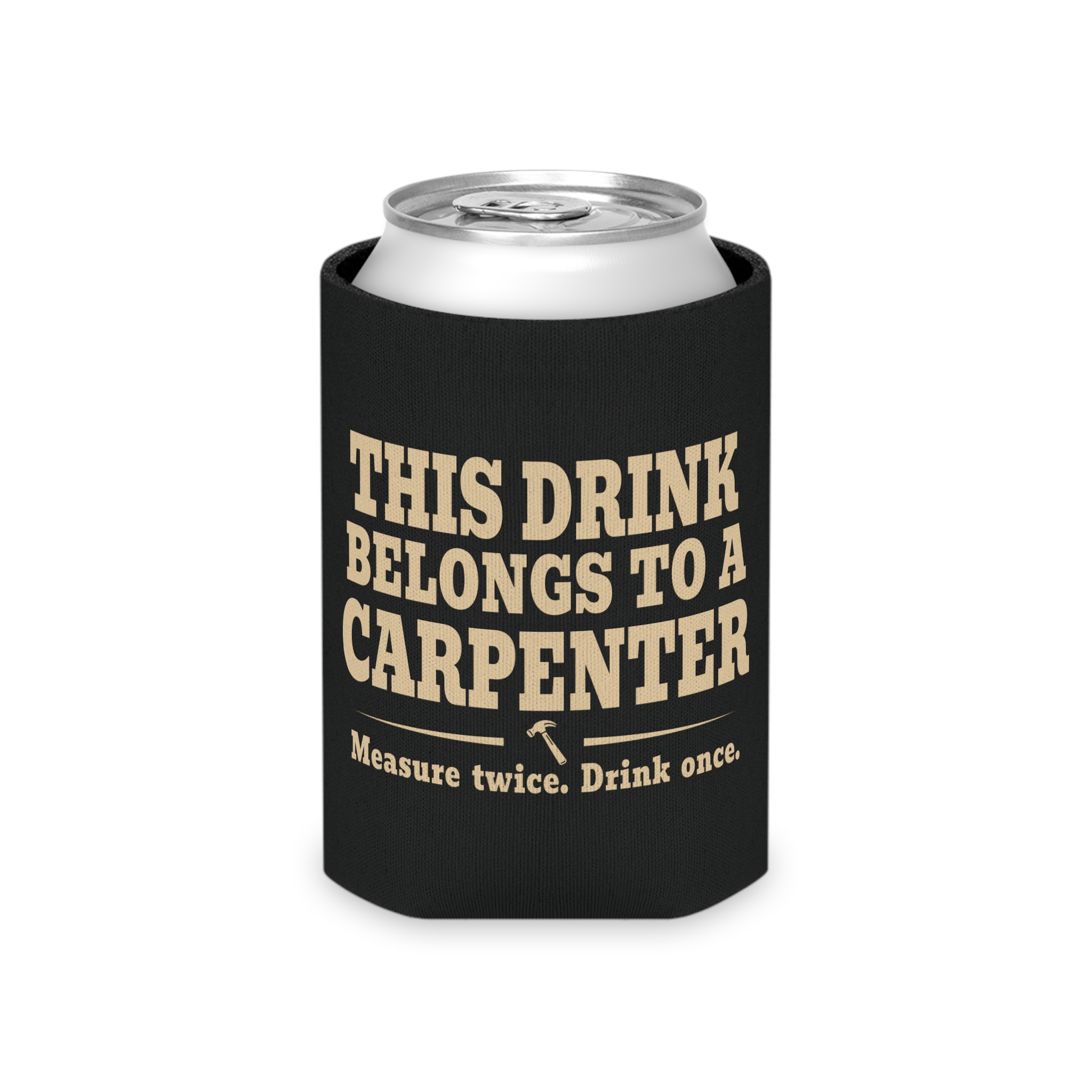 Black carpenter can cooler with the full printed design visible