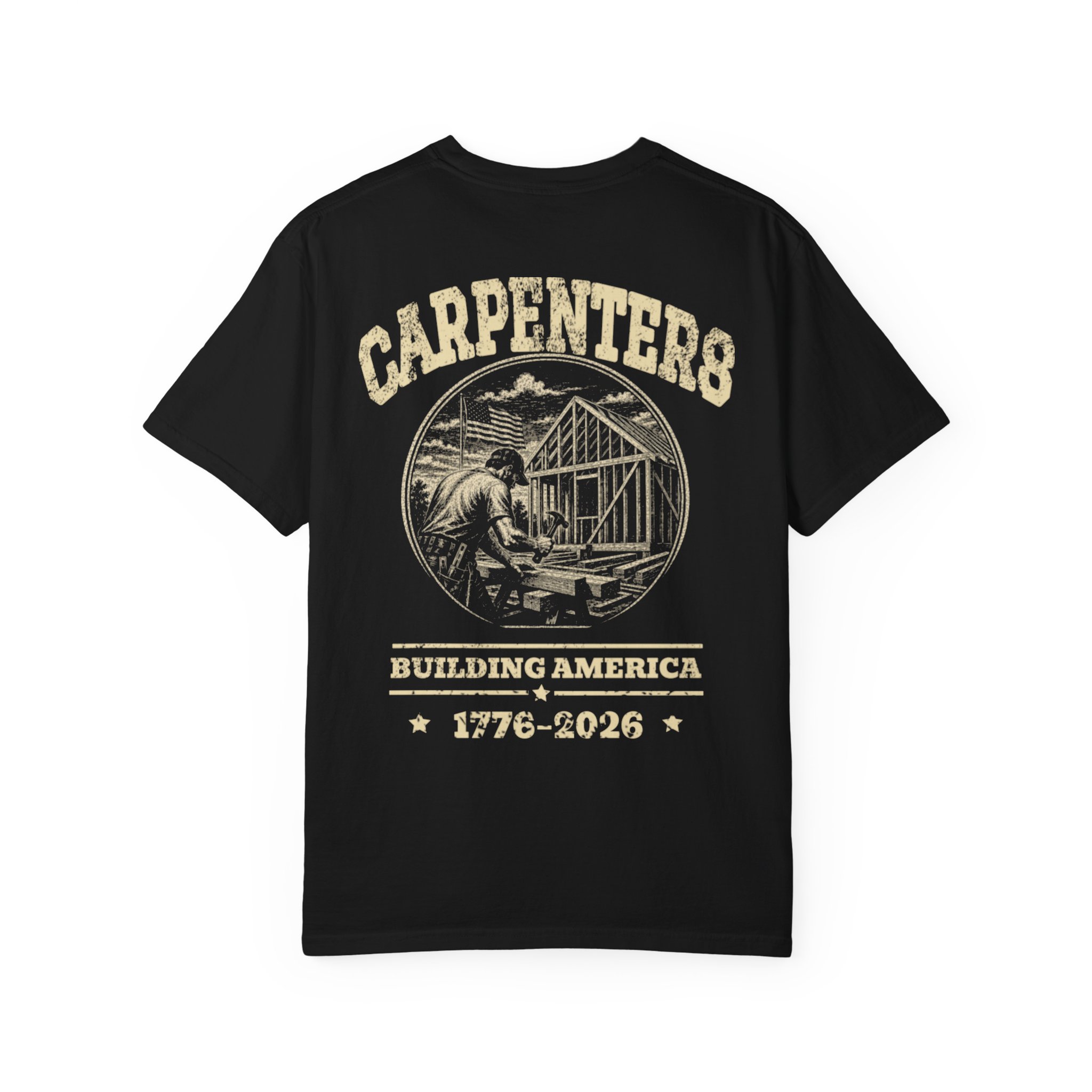 Black Carpenter Building America shirt laid flat to show the full back artwork