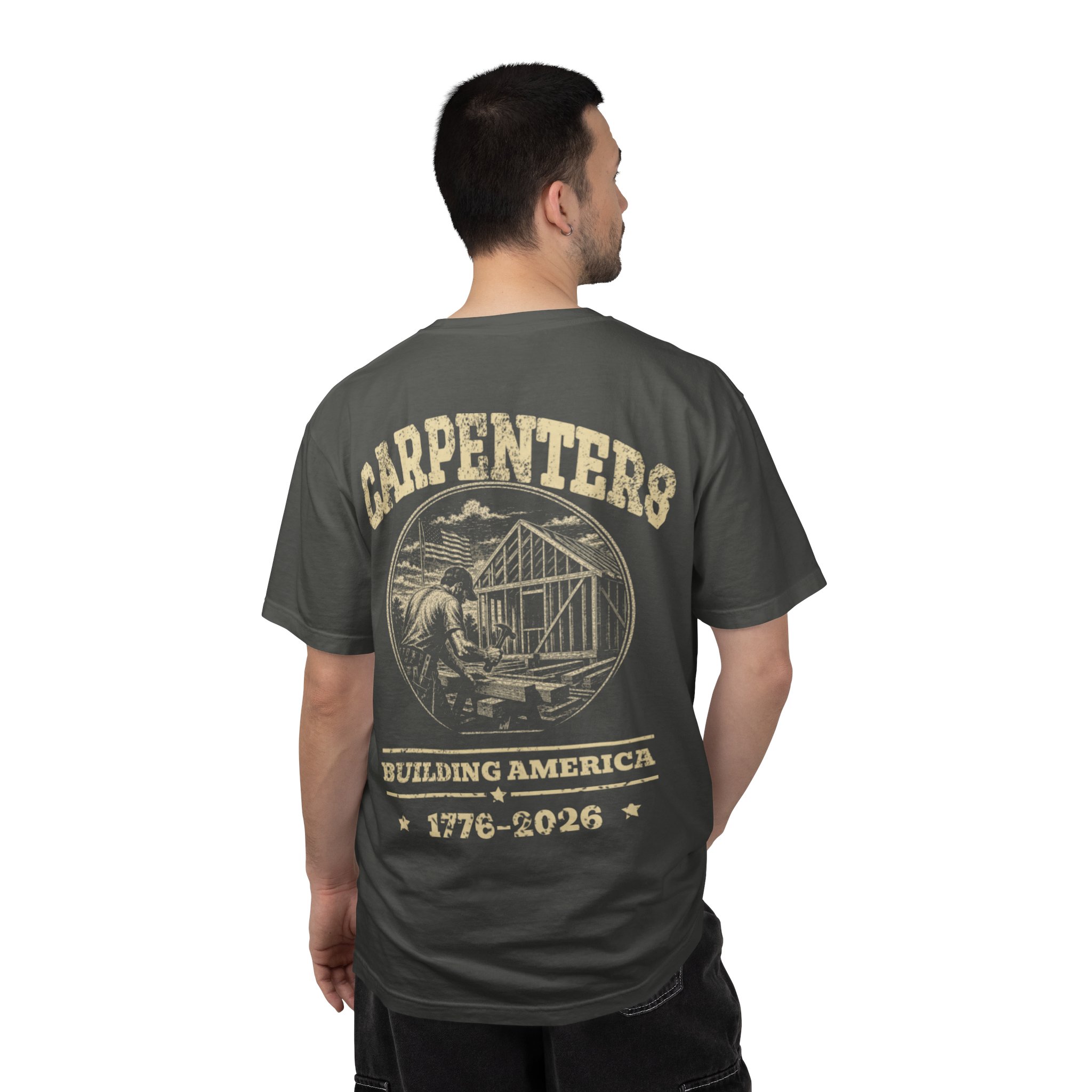 Pepper Carpenter Building America shirt shown from the back