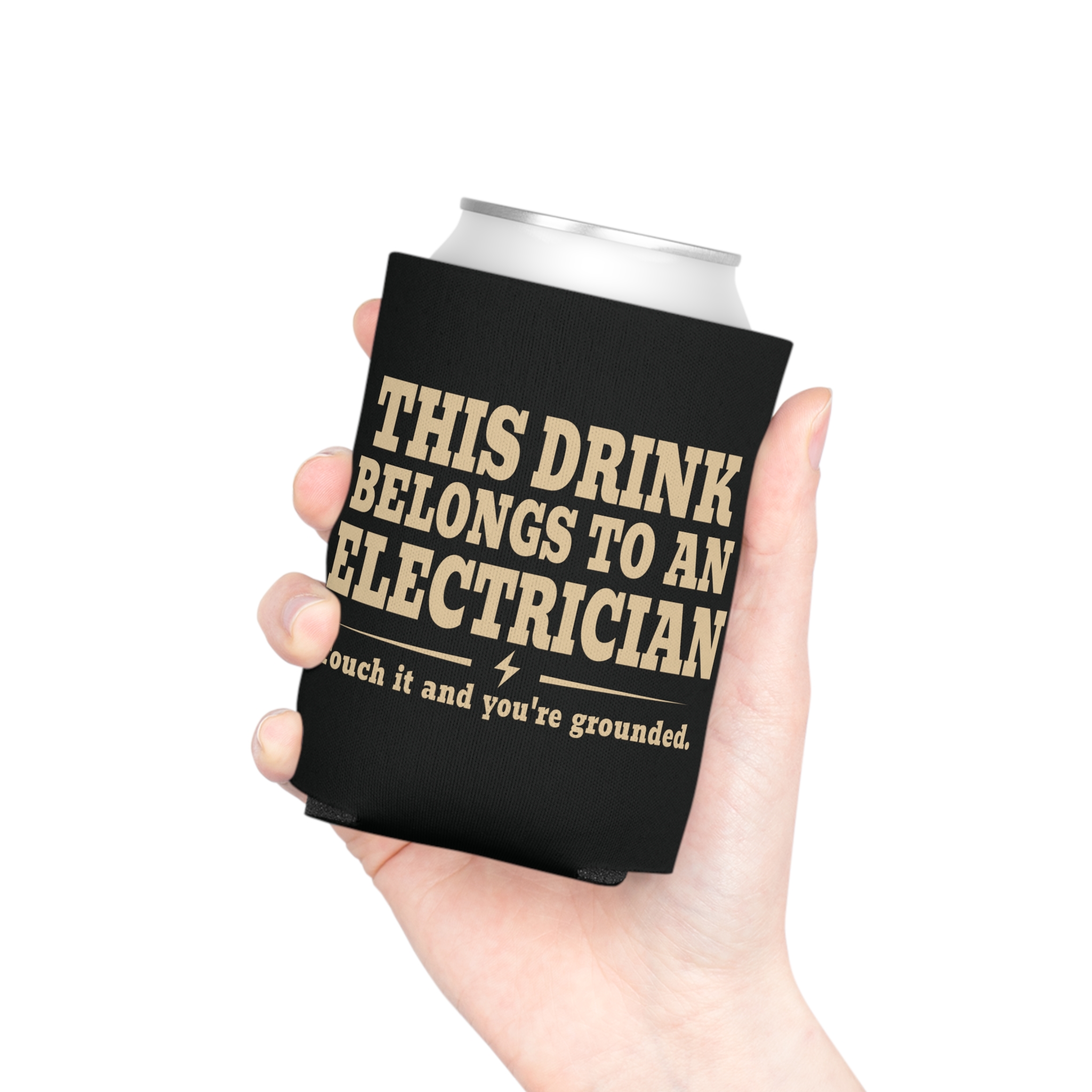 Black electrician can cooler shown in a casual drink setting