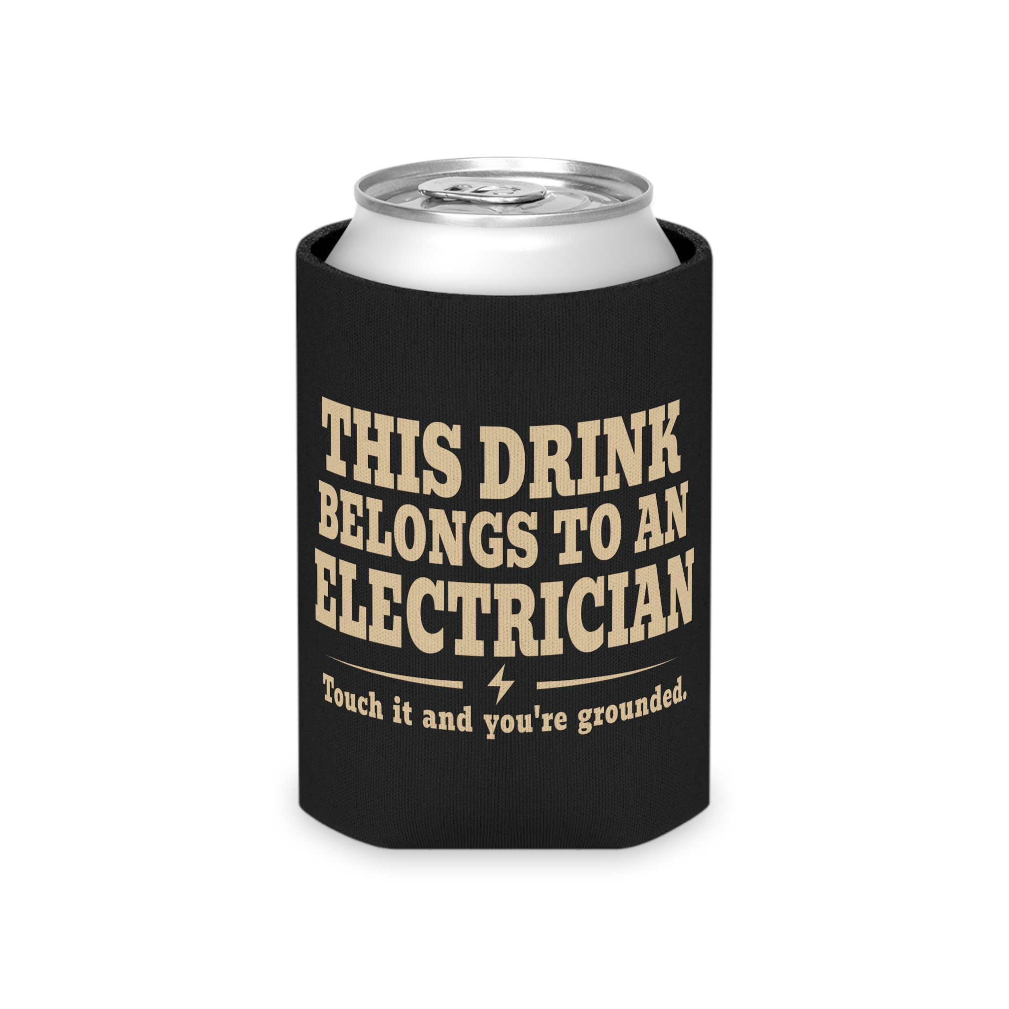 Black electrician can cooler with the full printed design visible
