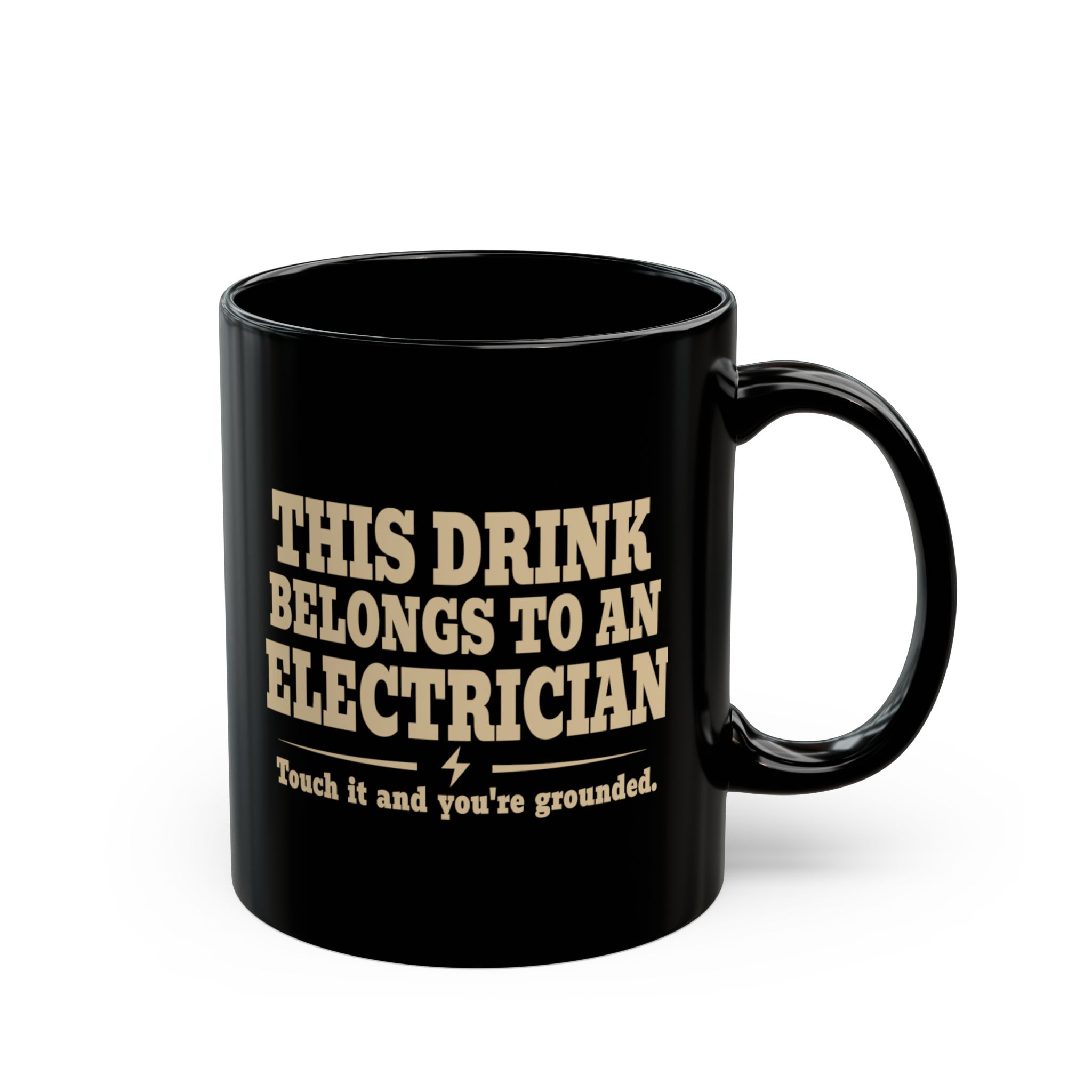 Black electrician mug shown from the right side