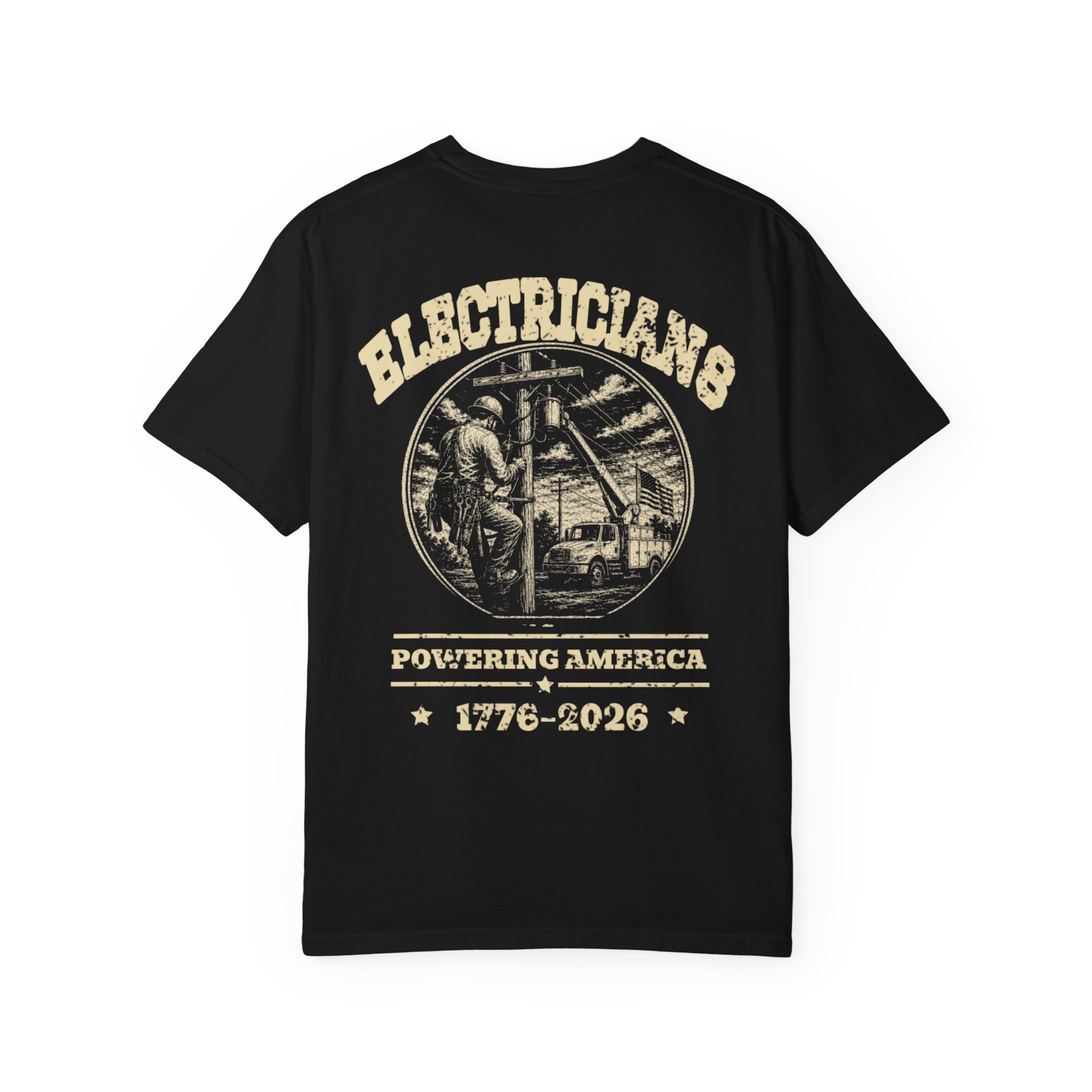 Black Electrician Powering America shirt laid flat to show the full back artwork