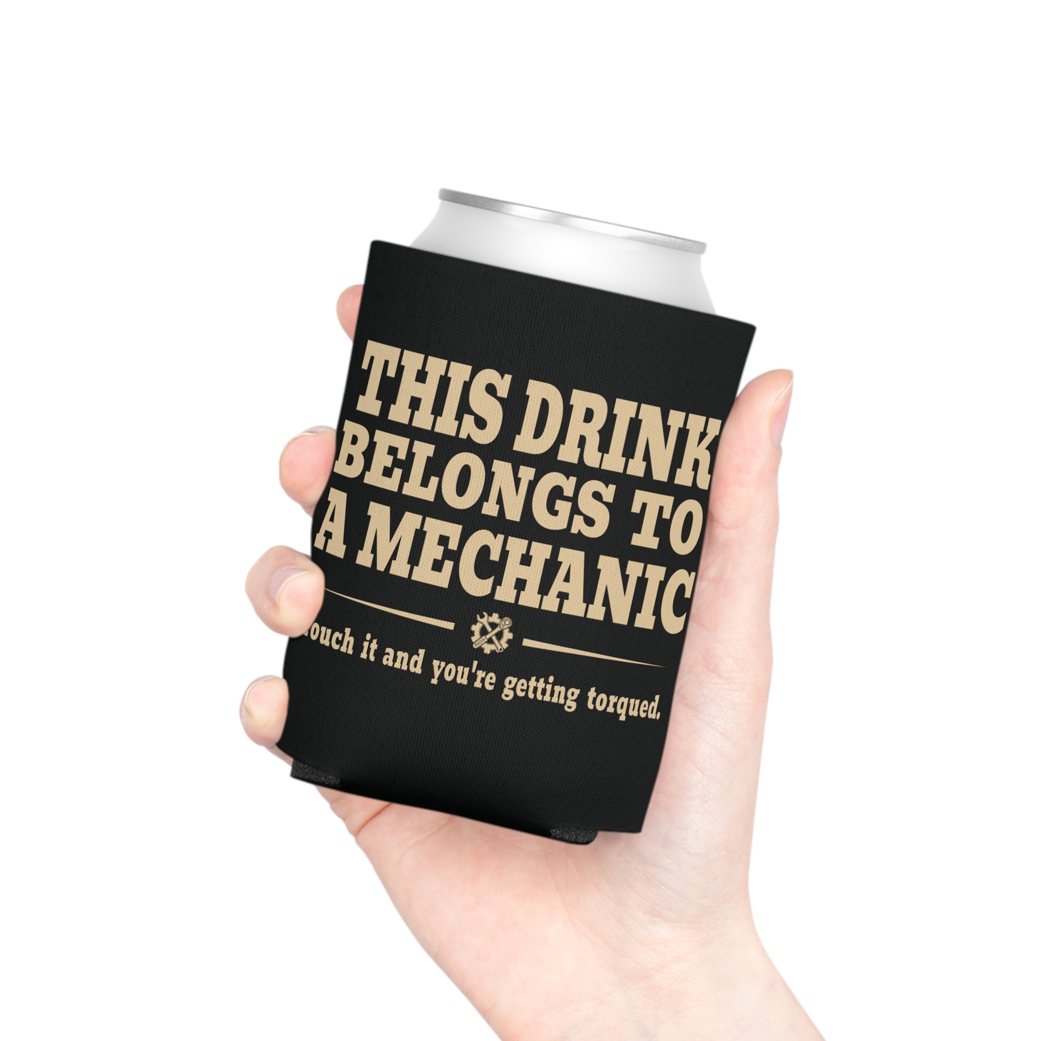 Black mechanic can cooler shown in a casual drink setting