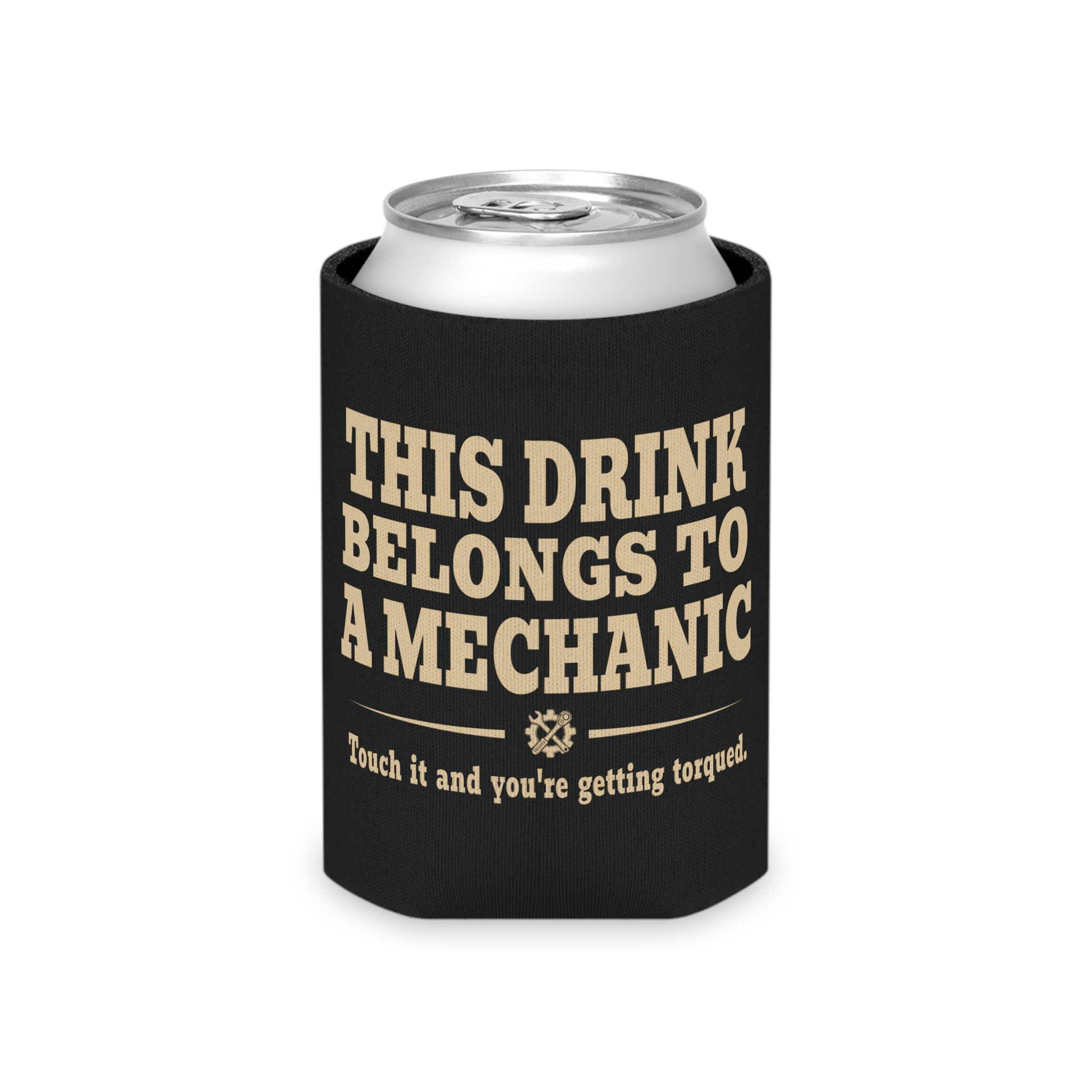 Black mechanic can cooler with the full printed design visible