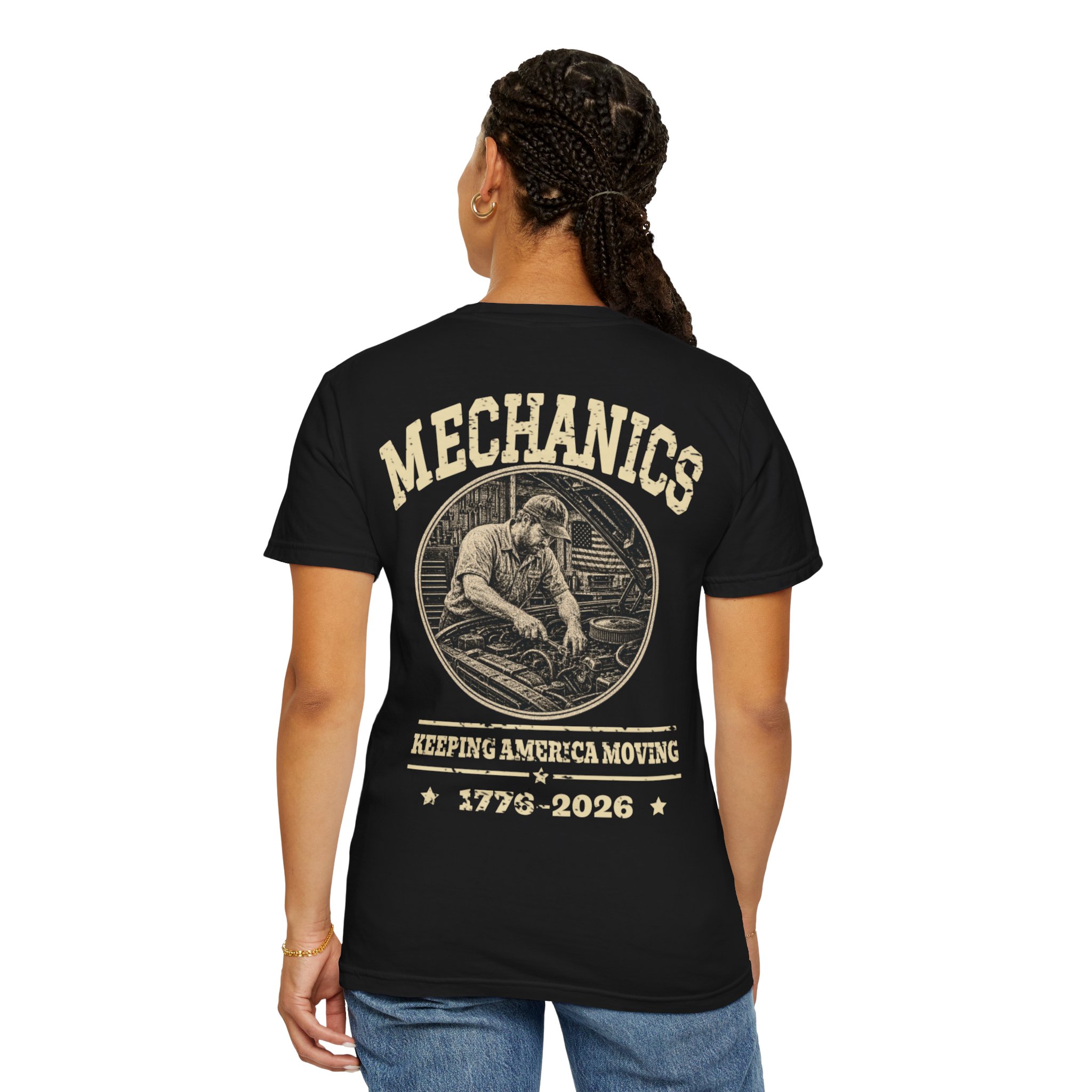 Black Mechanic Keeping America Running shirt shown from the back