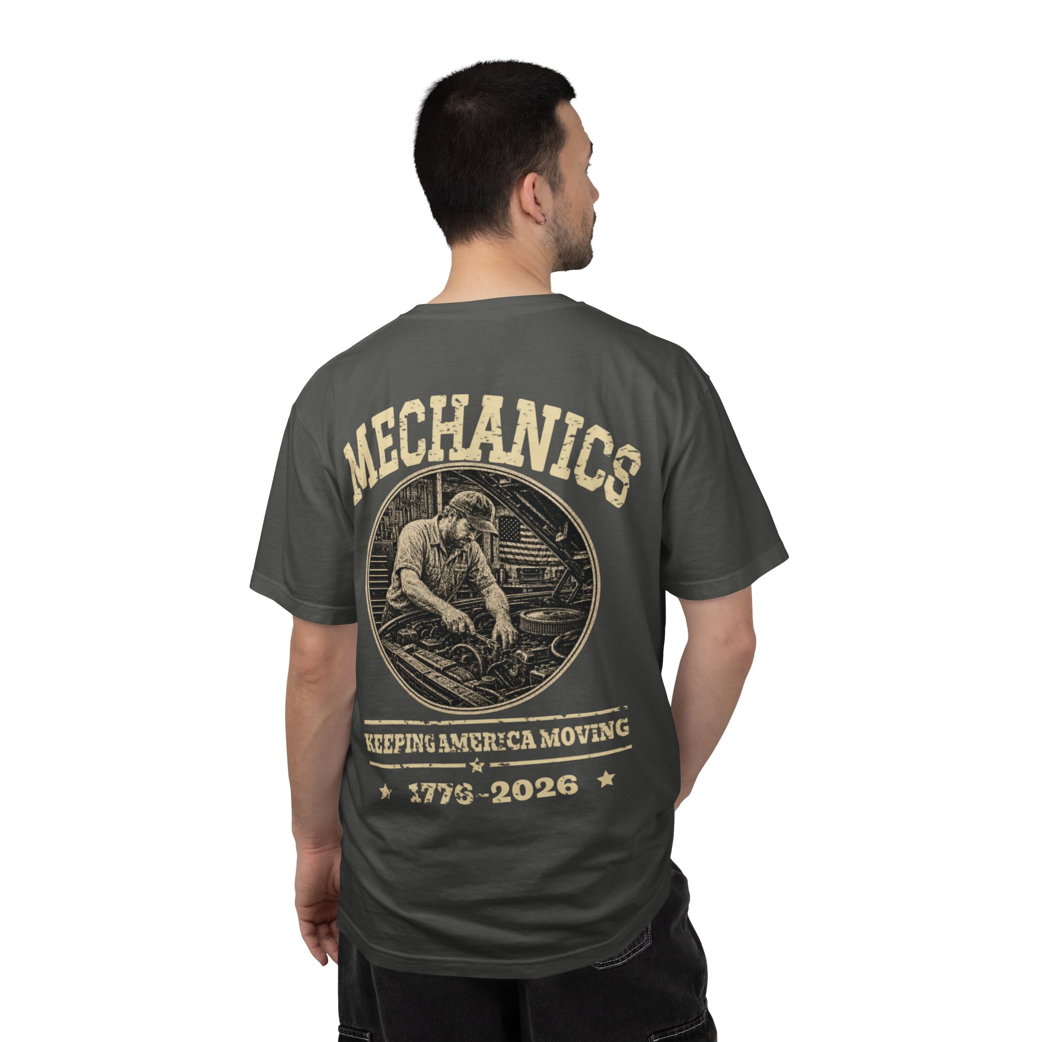 Pepper Mechanic Keeping America Running shirt shown from the back