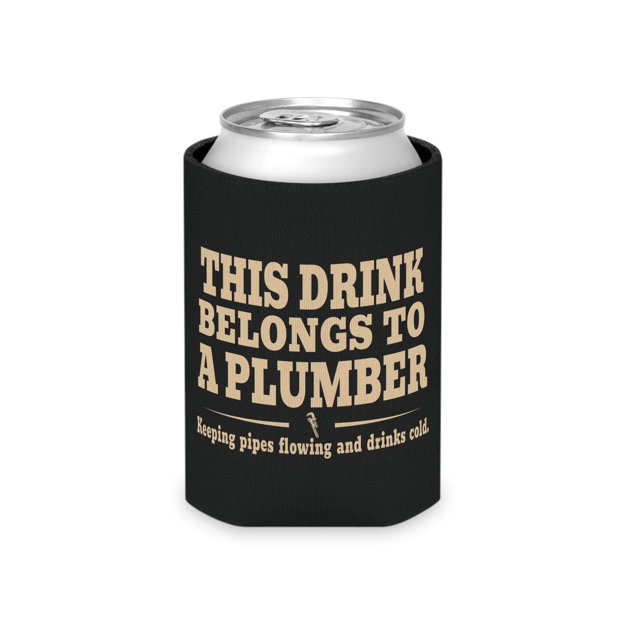 Black plumber can cooler with the full printed design visible