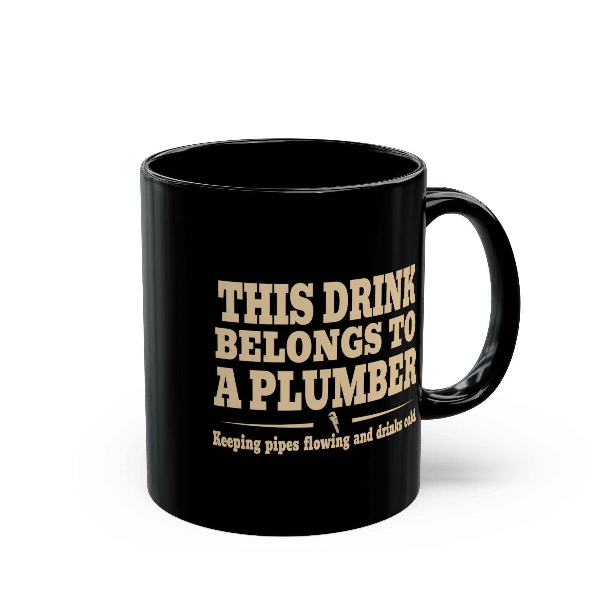 Black plumber mug shown at an angle