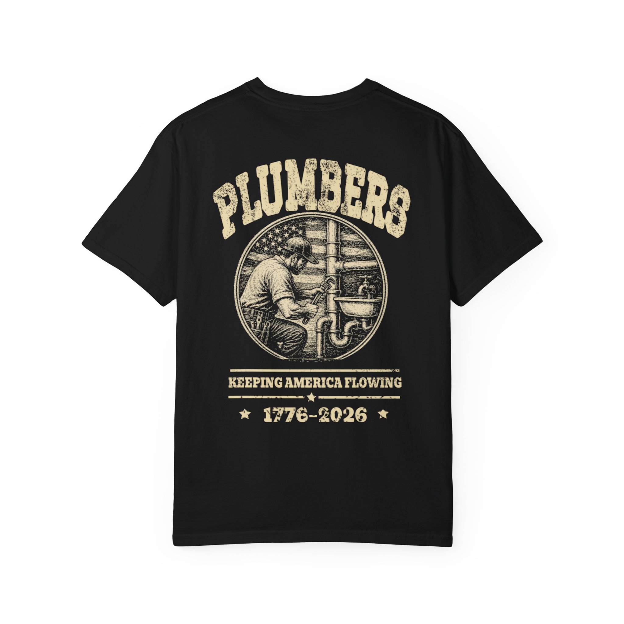 Black Plumber Keeping America Flowing shirt laid flat to show the full back artwork