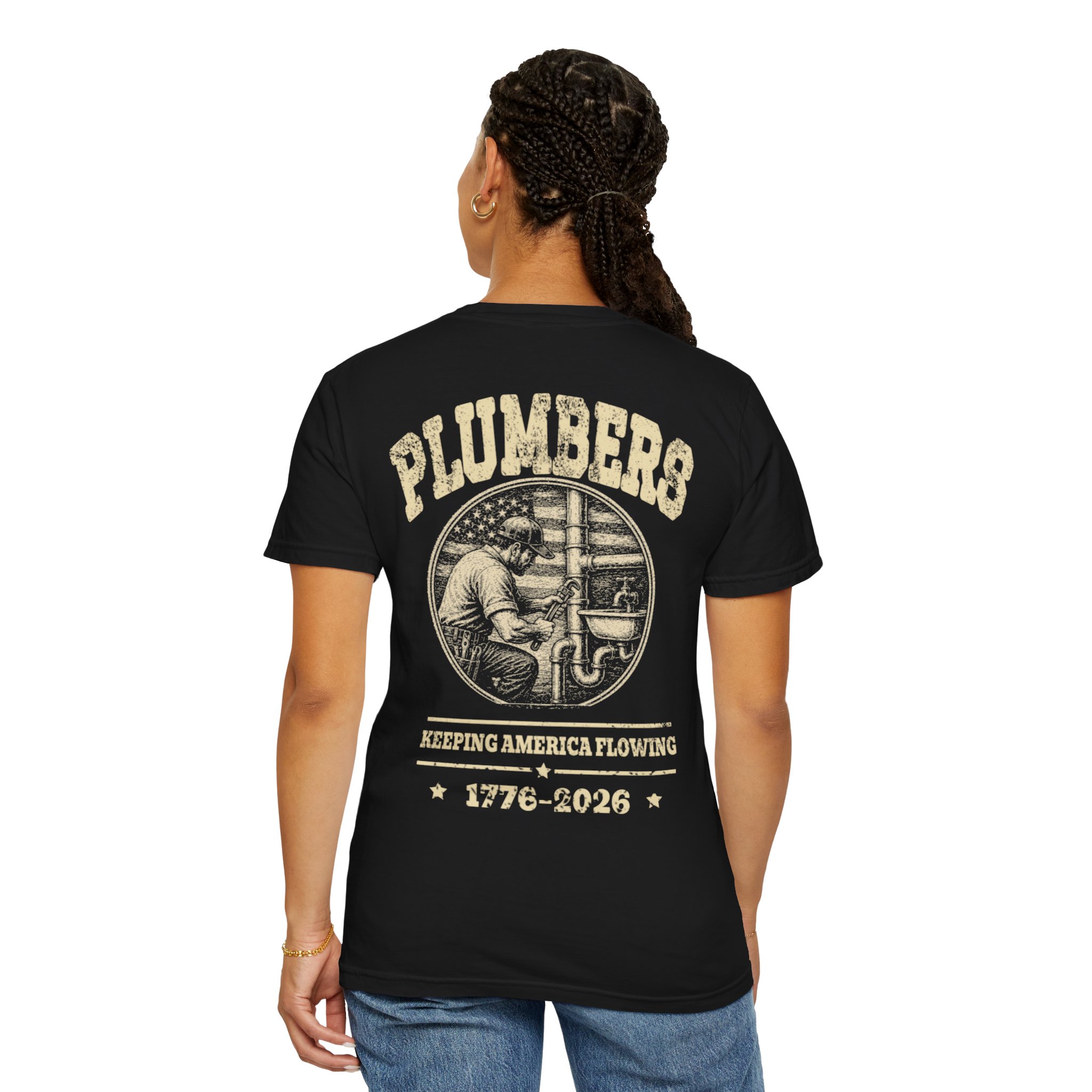 Black Plumber Keeping America Flowing shirt shown from the back