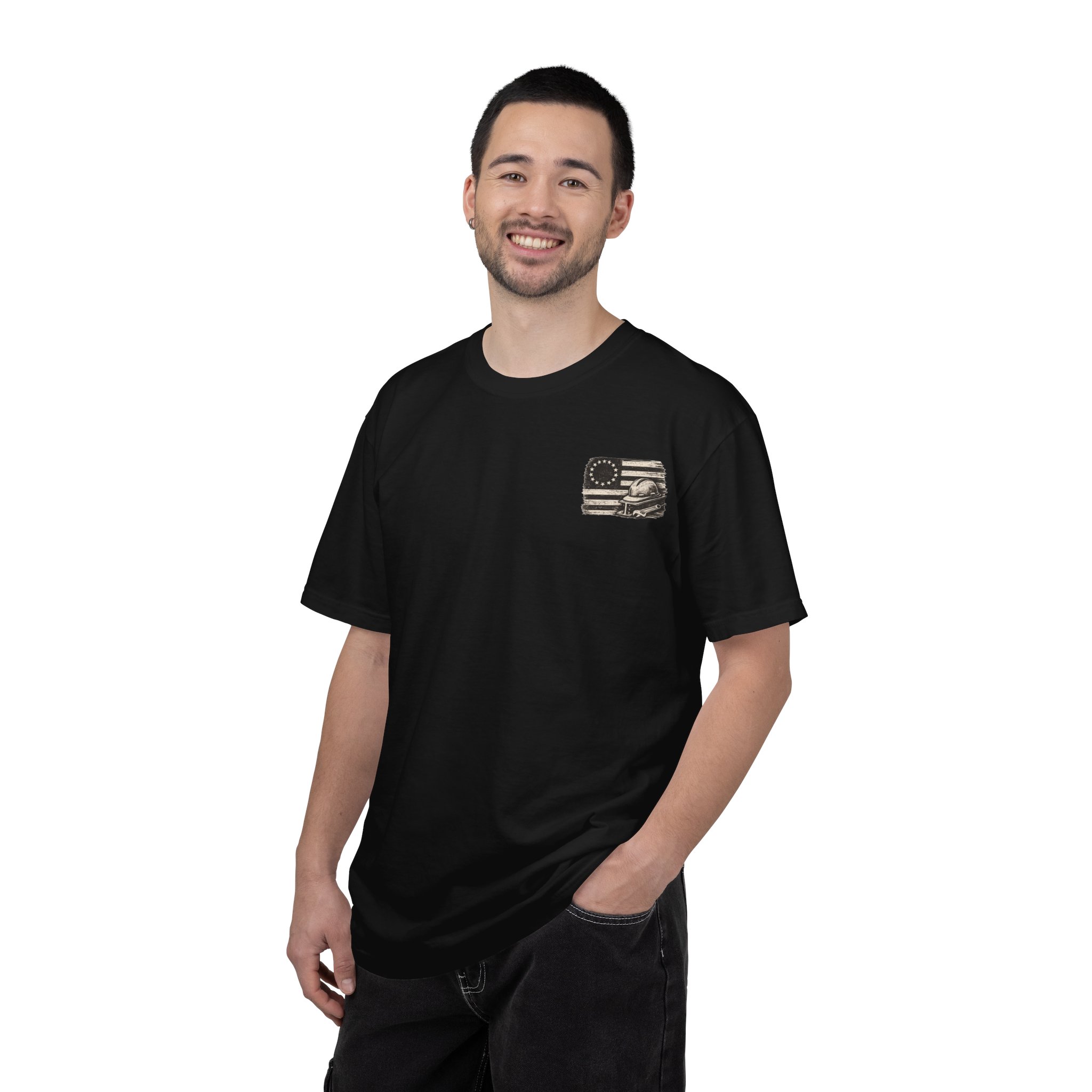 Black Rugged Foundry trade shirt shown from the front