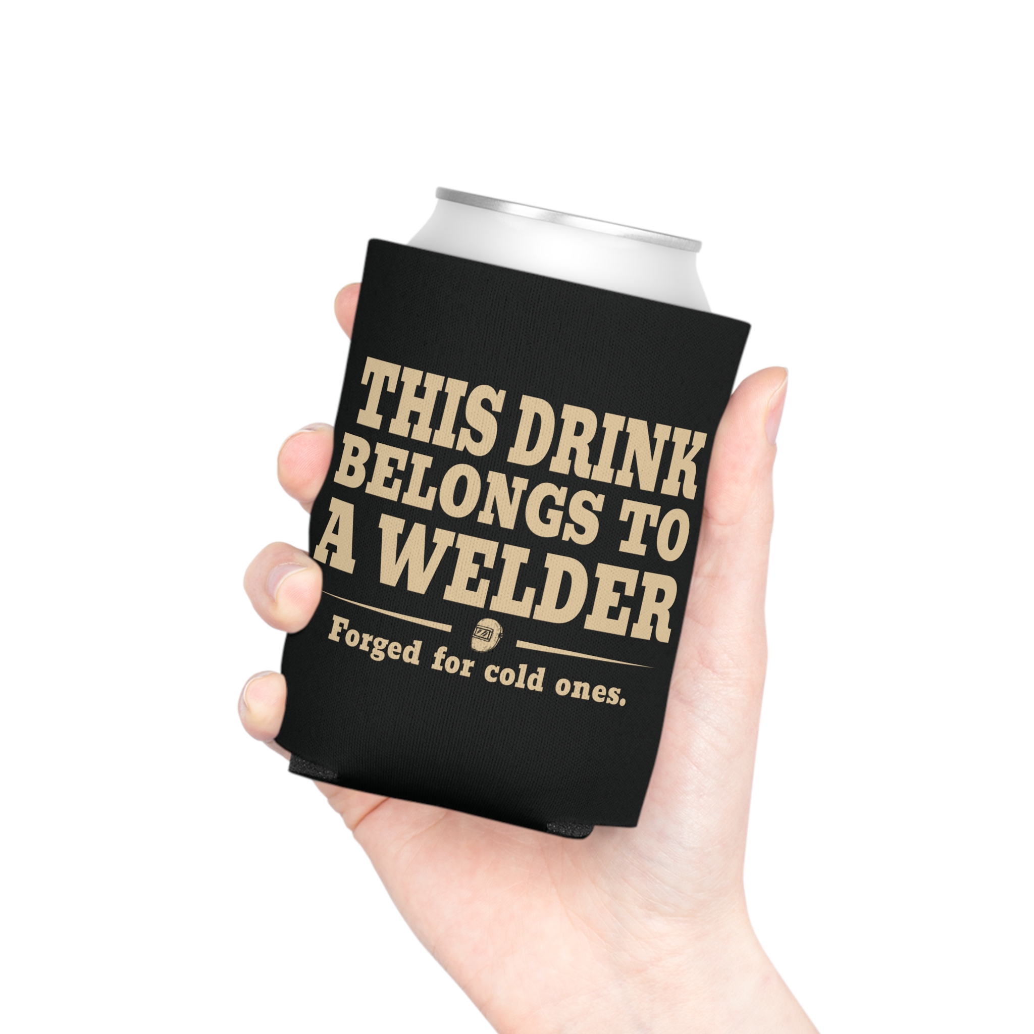 Black welder can cooler shown in a casual drink setting