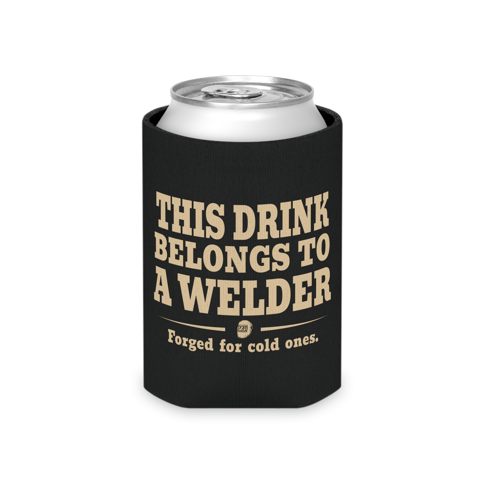 Black welder can cooler with the full printed design visible