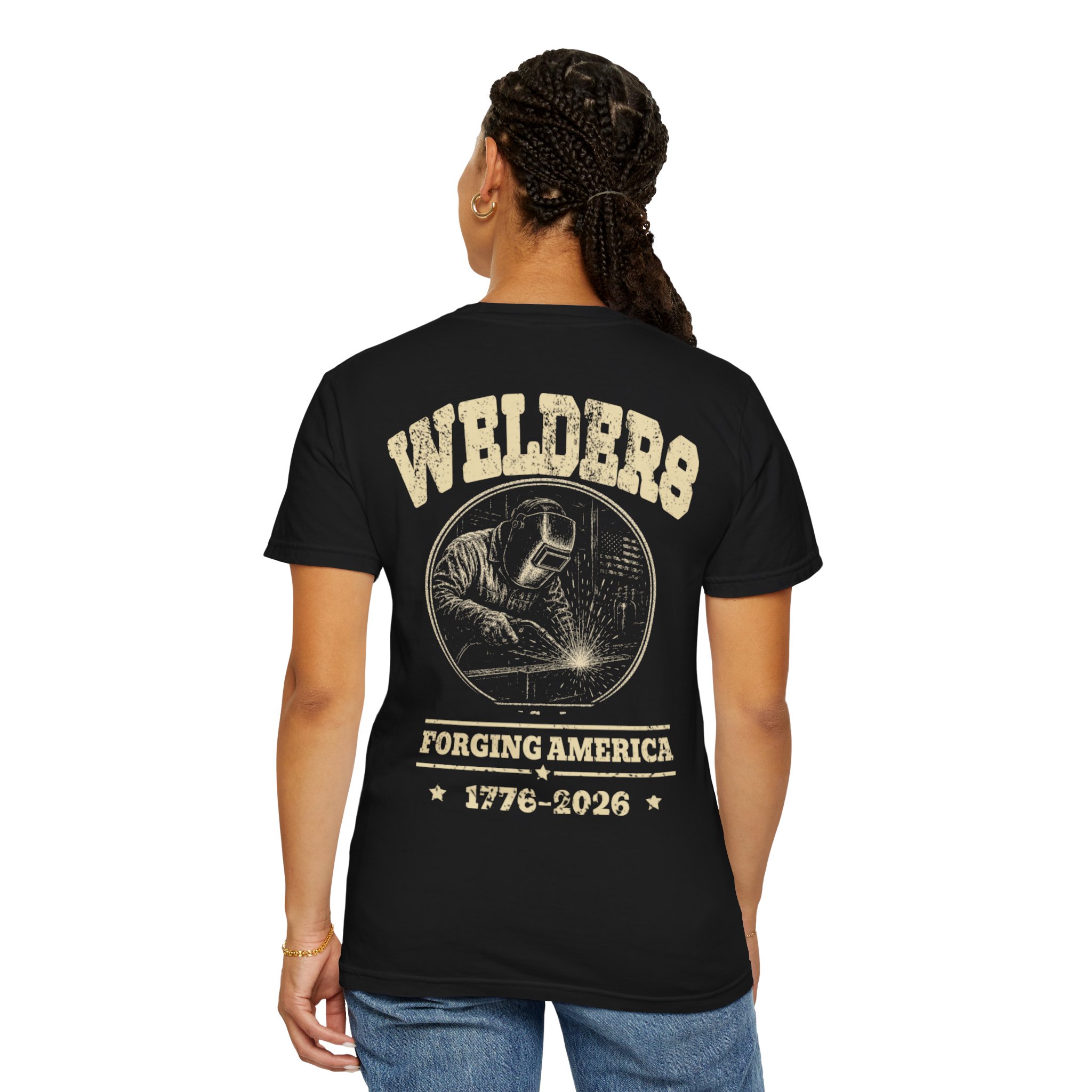 Black Welder Forging America shirt shown from the back